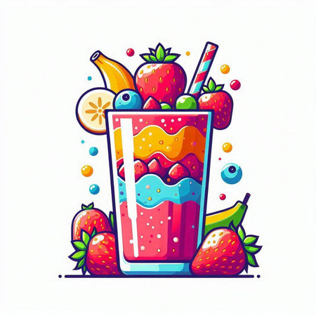 Fruit smoothie in a glass with strawberries, oranges, bananas, cherries, banana and straws. Vector illustration.のイラスト素材