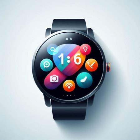 Smart watch with colorful application icons on the screen. Vector illustration.のイラスト素材
