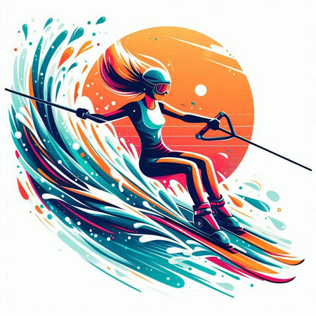Skier girl on skis. Colorful vector illustration for your designのイラスト素材