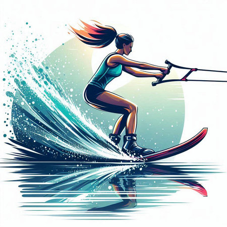 illustration of a young woman wakeboarding on a water surface.のイラスト素材