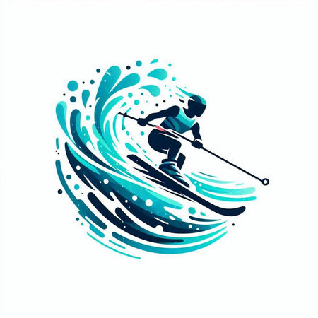 Skiing vector illustration, skier silhouette on the background of blue water waves.のイラスト素材