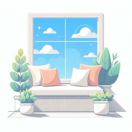 Illustration of a living room with a window and a view of the skyのイラスト素材