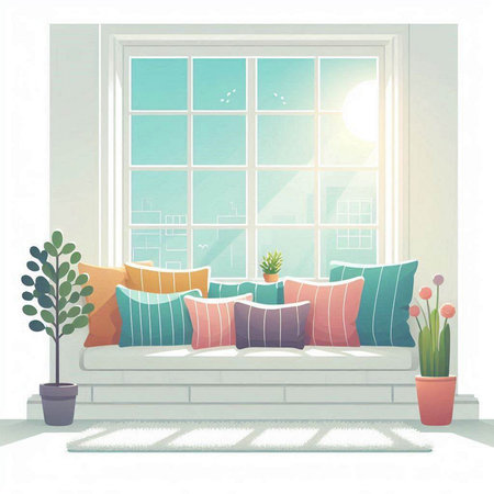 Living room interior with sofa, pillows and plant. Vector illustration.のイラスト素材