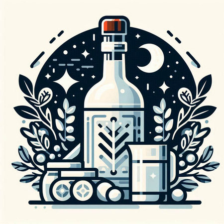 Vector illustration of a bottle of tequila on the background of the moon and stars.のイラスト素材