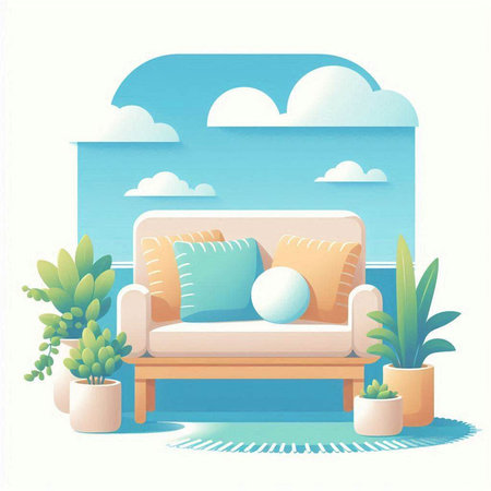 Sofa with pillows and potted plants. Vector illustration.のイラスト素材