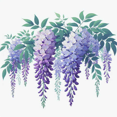 Wisteria flowers with green leaves on white background. Vector illustration.のイラスト素材