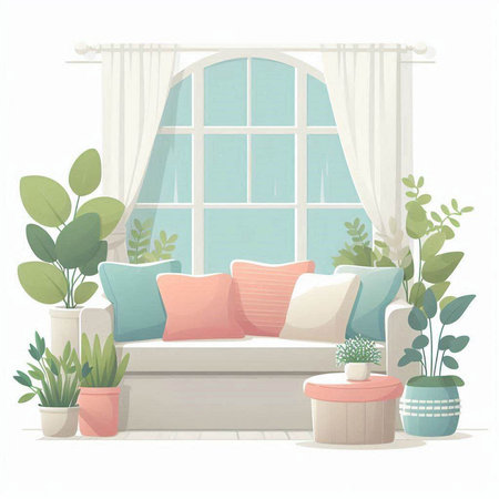Living room interior with window, sofa and plants. Vector illustration.のイラスト素材