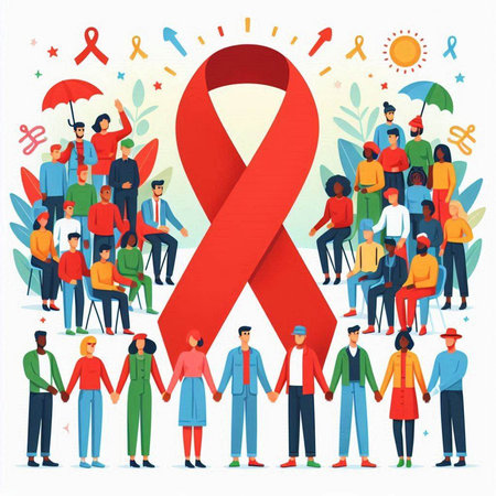 World AIDS Day concept. Group of people with red ribbon. Vector illustrationのイラスト素材