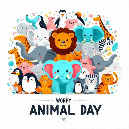 World Animal Day greeting card with cute cartoon animals. Vector illustration.のイラスト素材