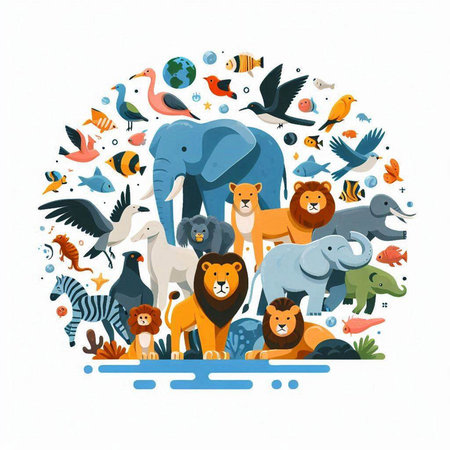 Circle composition with wild animals. Vector illustration in flat style.のイラスト素材