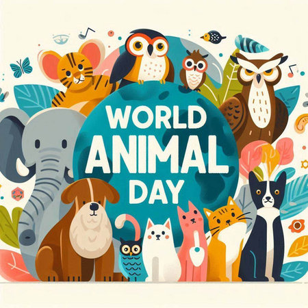 World Animal Day greeting card with cute cartoon animals. Vector illustration.のイラスト素材