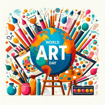 Vector illustration of World Art Day with globe and school supplies on white backgroundのイラスト素材