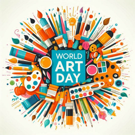 World art day poster with hand drawn school supplies. Vector illustration.のイラスト素材