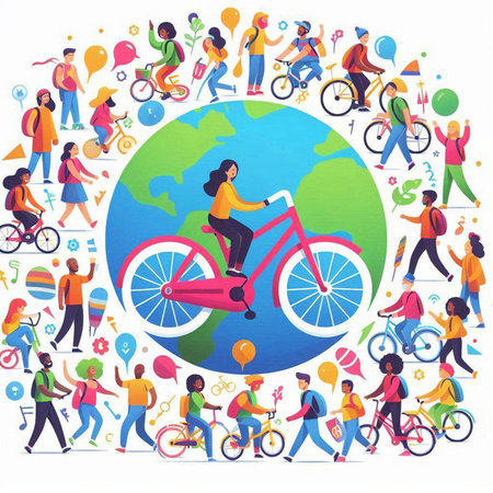 Group of people riding bicycles around the planet Earth. Vector illustration.のイラスト素材