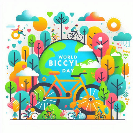 World Bicycle Day. Vector illustration with bicycle, trees, flowers and clouds.のイラスト素材