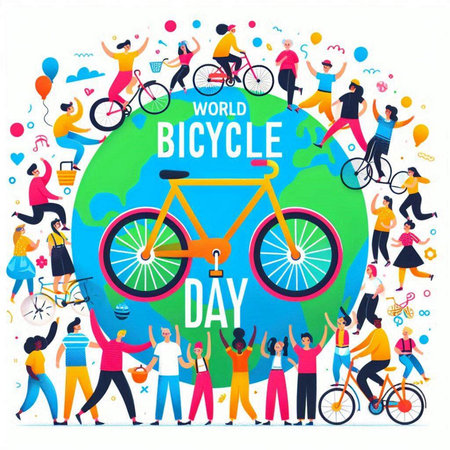 World Bicycle Day. People with bicycles around the world. Vector illustrationのイラスト素材