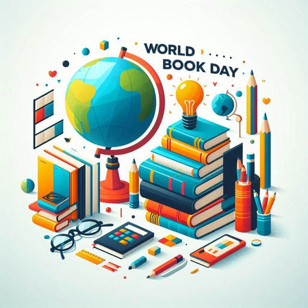 World Book Day concept with books, globe and school supplies. Vector illustration.のイラスト素材