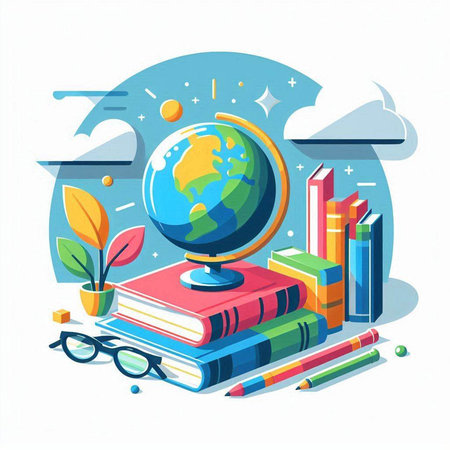 Vector illustration of education concept with books and globe on white background.のイラスト素材