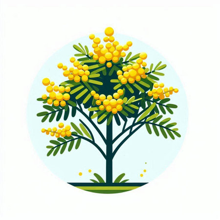 Mimosa tree with yellow flowers on white background. Vector illustration.のイラスト素材