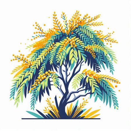 Vector illustration with yellow mimosa tree isolated on white background. Can be used for cards, invitations, postersのイラスト素材