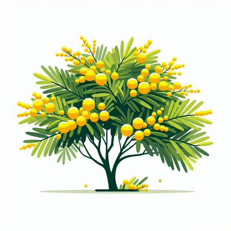 Mimosa tree with yellow flowers isolated on white background. Vector illustration.のイラスト素材