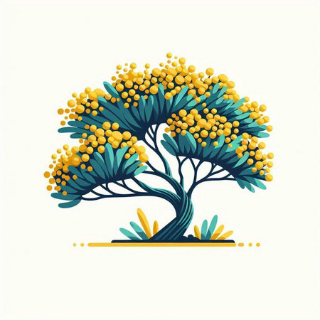 Mimosa tree with yellow flowers on white background. Vector illustration.のイラスト素材