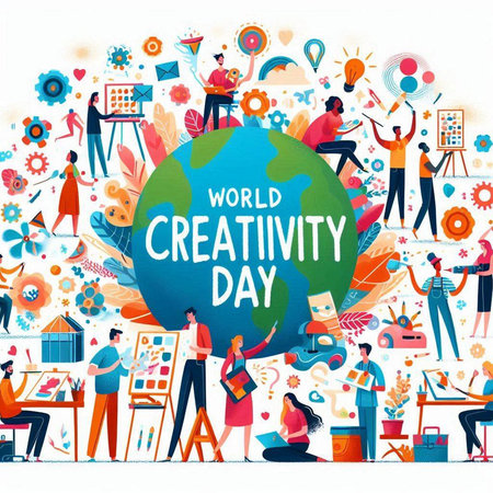 World Creativity Day. Group of people drawing on paper. Vector illustration.のイラスト素材