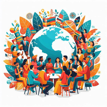 Global business concept. People sitting around the world. Vector illustration.のイラスト素材
