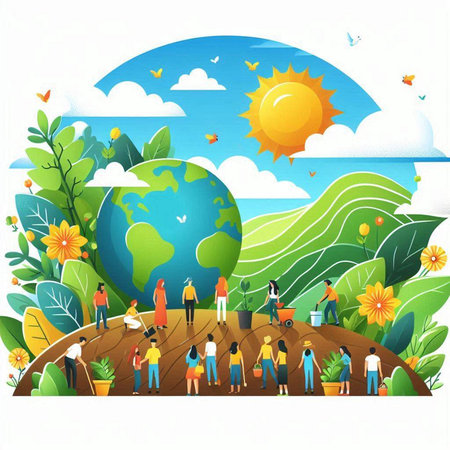 World Environment Day concept. Vector illustration with people and environment protection.のイラスト素材