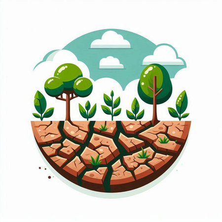 Cracked earth and green trees on a white background. Vector illustrationのイラスト素材