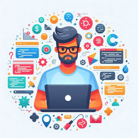 Flat design modern vector illustration concept of freelancer, programmer, web developer, developer, programming, coding, mobile app development.のイラスト素材