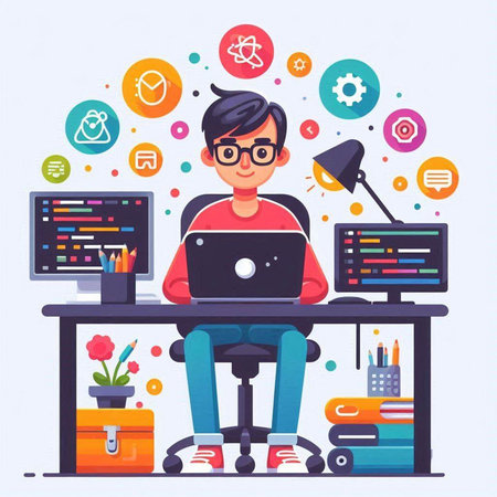 Programmer, programmer, designer working at the computer. Vector illustrationのイラスト素材