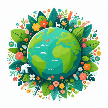 Ecology concept with world globe and floral elements. Vector illustration.のイラスト素材