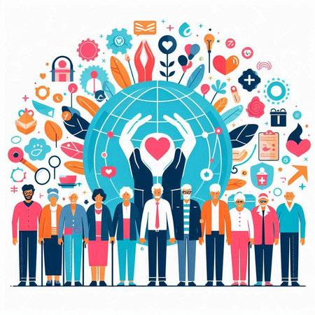 Group of people around the globe. Teamwork concept. Vector illustrationのイラスト素材