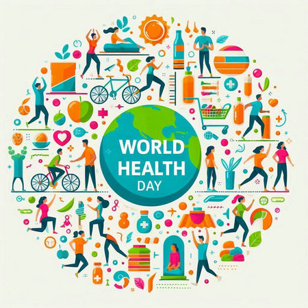 World Health Day poster with people and healthy lifestyle icons. Vector illustrationのイラスト素材