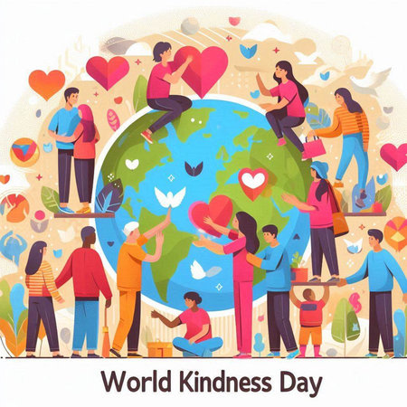 World Kindness Day concept with people around planet earth. Vector illustrationのイラスト素材