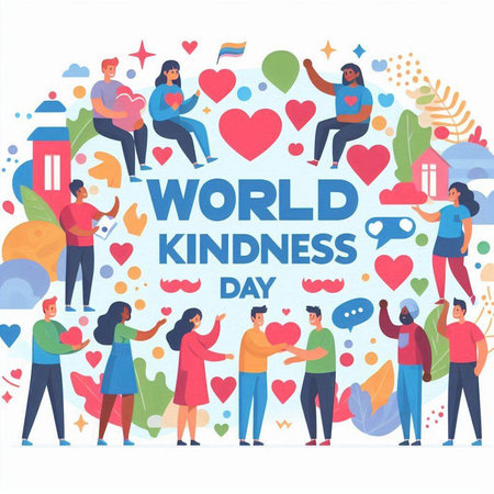 World Kindness Day concept. Group of people with hearts around. Vector illustrationのイラスト素材