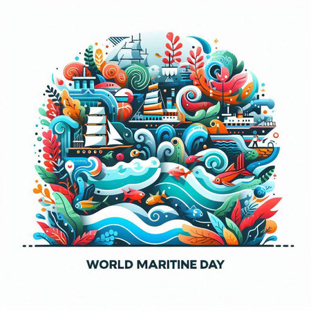 World water day card design with colorful sea and ship elements. Vector illustration.のイラスト素材