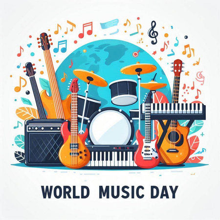 World music day poster with musical instruments. Vector illustration in flat styleのイラスト素材