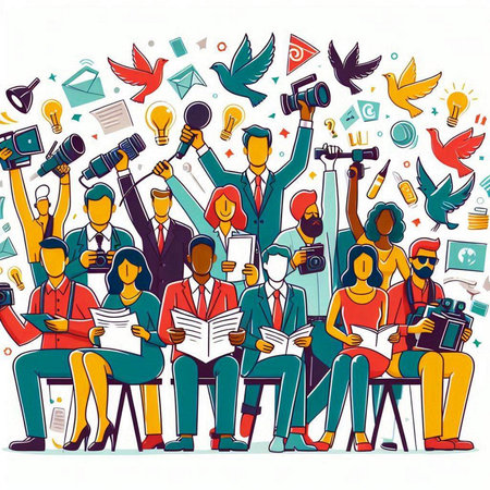 Journalism and interview concept. Hand drawn vector illustration in cartoon style.のイラスト素材