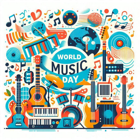 World music day background with musical instruments and notes. Vector illustration.のイラスト素材