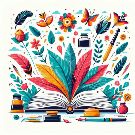 Vector illustration of an open book with a lot of colorful flowers, leaves, pencils, paints and other items.のイラスト素材
