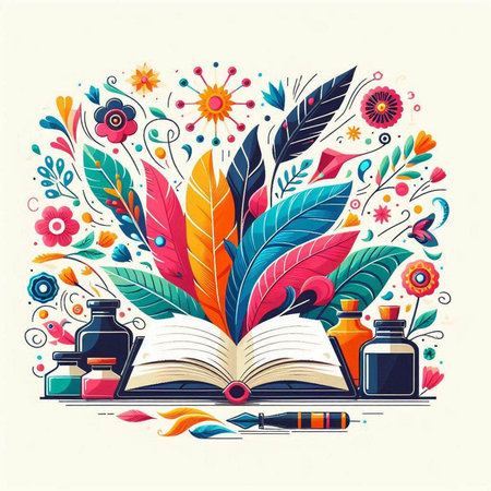Vector illustration with colorful feathers, inkwells, books and flowers.のイラスト素材
