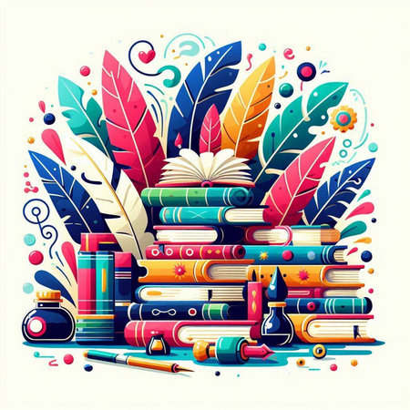 Vector illustration of books, pens, pencils, erasers and feathersのイラスト素材