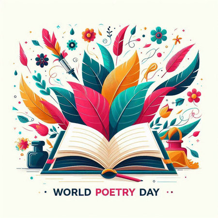 World poetry day poster with open book, feather, ink bottle and flowers. Vector illustrationのイラスト素材