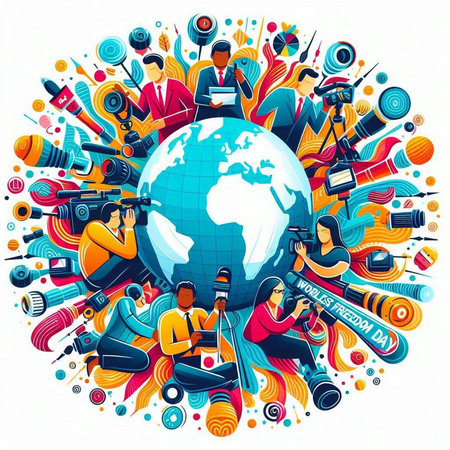 Vector illustration of people with camera equipment and world globe in circle compositionのイラスト素材