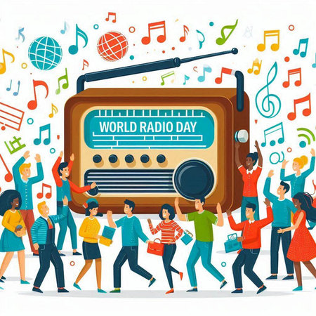 World Radio Day. Group of people dancing and listening to music. Vector illustration.のイラスト素材