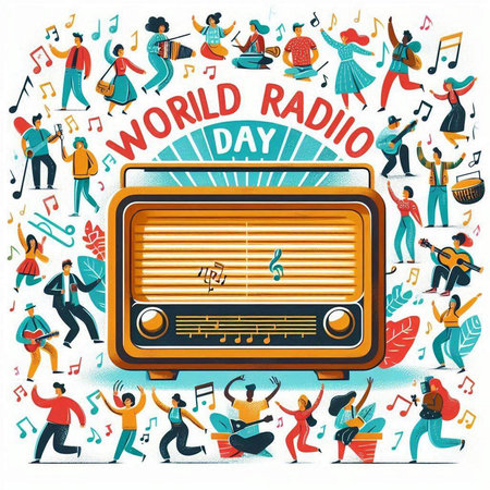 World Radio Day. Vector illustration with cartoon people playing music on vintage radio.のイラスト素材