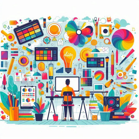Vector illustration of creative workspace with graphic designer. Flat style design.のイラスト素材