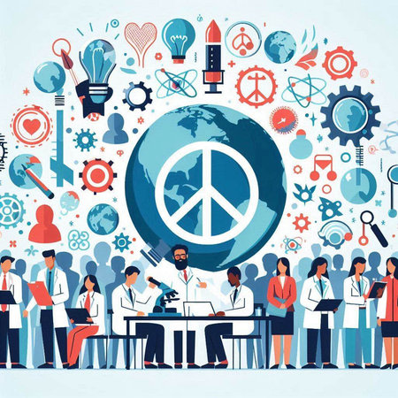 Vector illustration of people around globe with peace sign. Flat style designのイラスト素材